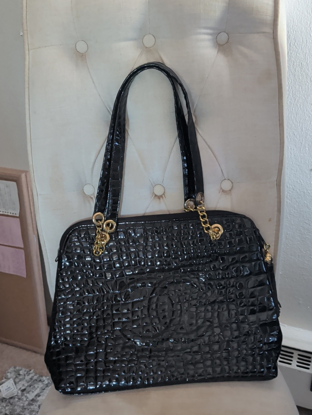 Black Quilted Patent Tote Bag with Gold Chain Accents